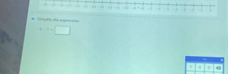Simplify the expression.
-9-7=□
… ×
7 8 9