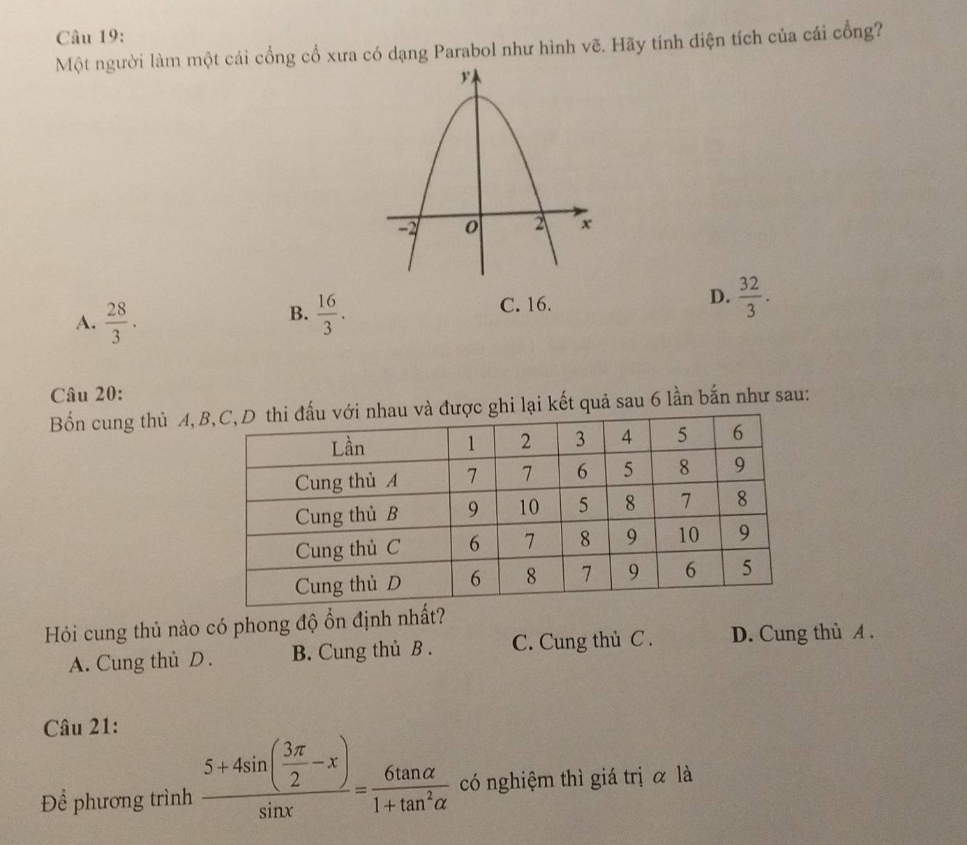 Một người làm một cái cổng cổ xưa có dạng Parabol như hình vẽ. Hãy tính diện tích của cái cổng?
A.  28/3 .
B.  16/3 . C. 16. D.  32/3 . 
Câu 20:
Bốn cung thủ A,ghi lại kết quả sau 6 lần bắn như sau:
Hỏi cung thủ nào có phong độ ổn định nhất?
A. Cung thủ D . B. Cung thủ B . C. Cung thủ C .
D. Cung thủ A .
Câu 21:
Để phương trình frac 5+4sin ( 3π /2 -x)sin x= 6tan alpha /1+tan^2alpha   có nghiệm thì giá trị α là