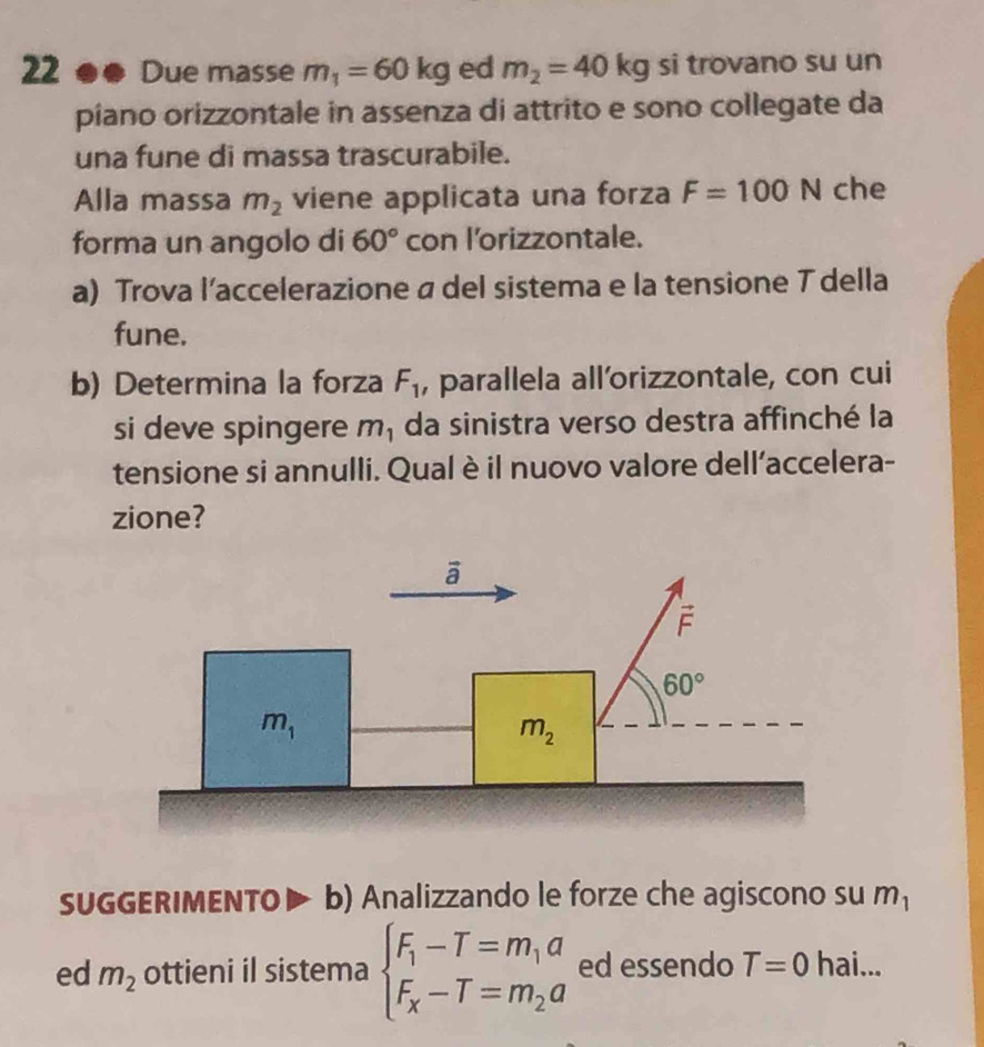 22 ●● Due masse m_1=60kg ed m_2=40kg si trovano su un
píiano orizzontale in assenza di attrito e sono collegate da
una fune di massa trascurabile.
Alla massa m_2 viene applicata una forza F=100 t N che
forma un angolo di 60° con l’orizzontale.
a) Trova l’accelerazione a del sistema e la tensione T della
fune.
b) Determina la forza F_1 , parallela all'orizzontale, con cui
si deve spingere m_1 da sinistra verso destra affinché la
tensione si annulli. Qual è il nuovo valore dell’accelera-
zione?
SUGGERIMENTO▶ b) Analizzando le forze che agiscono su m_1
ed m_2 ottieni il sistema beginarrayl F_1-T=m_1a F_x-T=m_2aendarray. ed essendo T=0 hai...