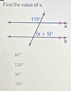 Find the value of x.
60°
120°
30°
-30°