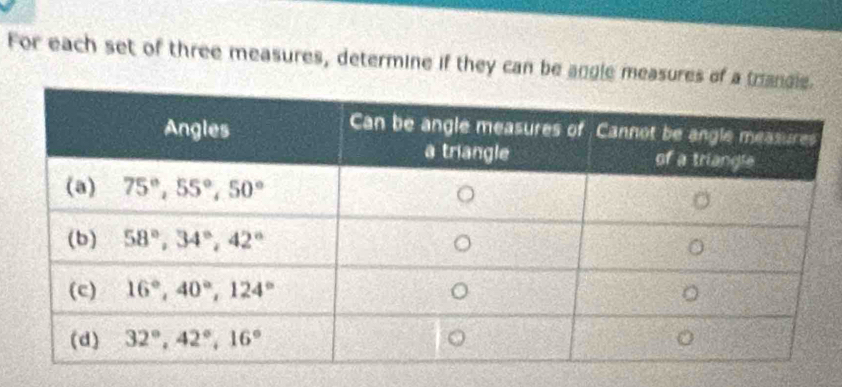 For each set of three measures, determine if they can be angle measures of a t