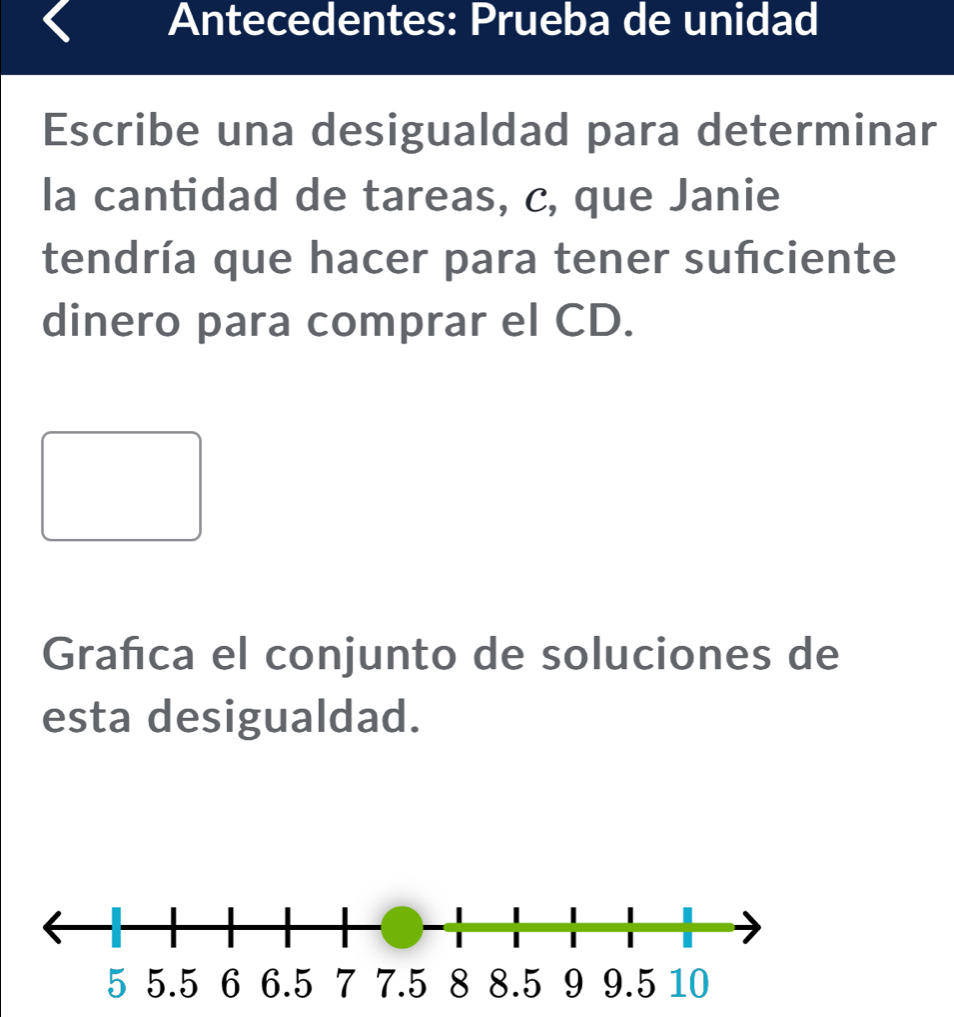 Antecedentes: Prueba de unidad 
Escribe una desigualdad para determinar 
la cantidad de tareas, c, que Janie 
tendría que hacer para tener sufciente 
dinero para comprar el CD. 
Grañca el conjunto de soluciones de 
esta desigualdad.