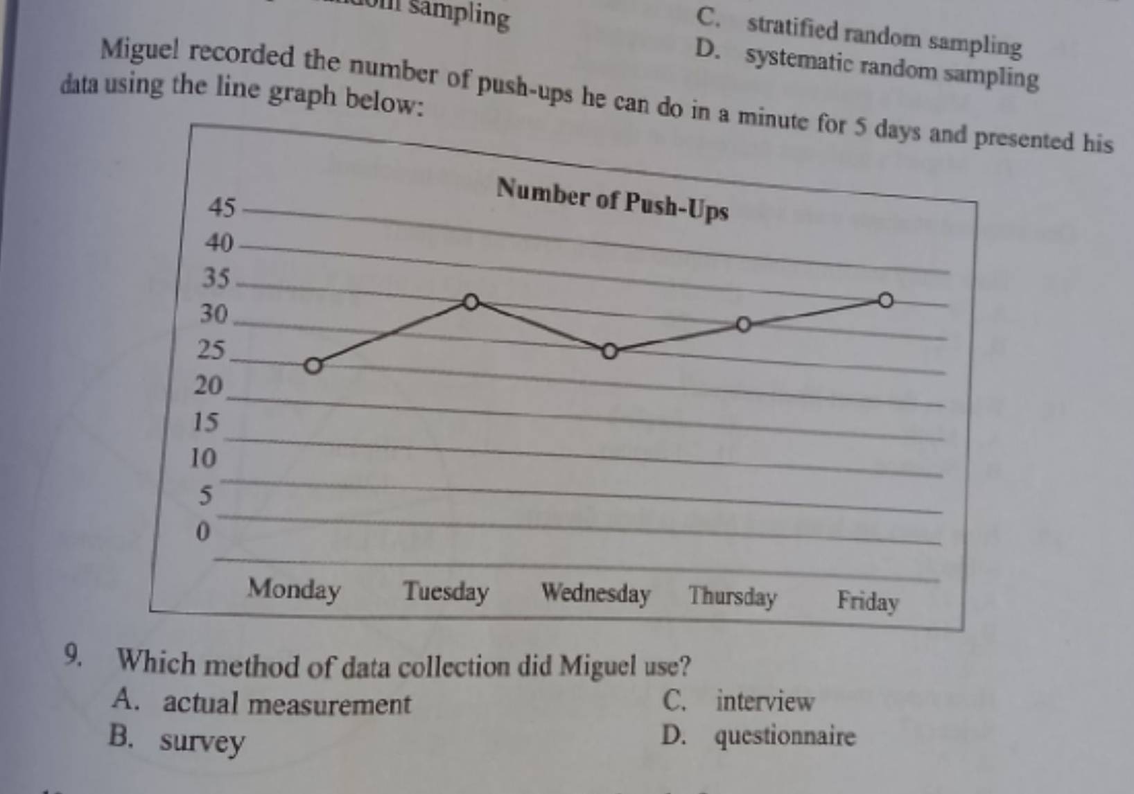 om sampling
C. stratified random sampling
D. systematic random sampling
data using the line graph below:
Miguel recorded the number of push-ups he can do innted his
9. Which method of data collection did Miguel use?
A. actual measurement C. interview
B. survey
D. questionnaire