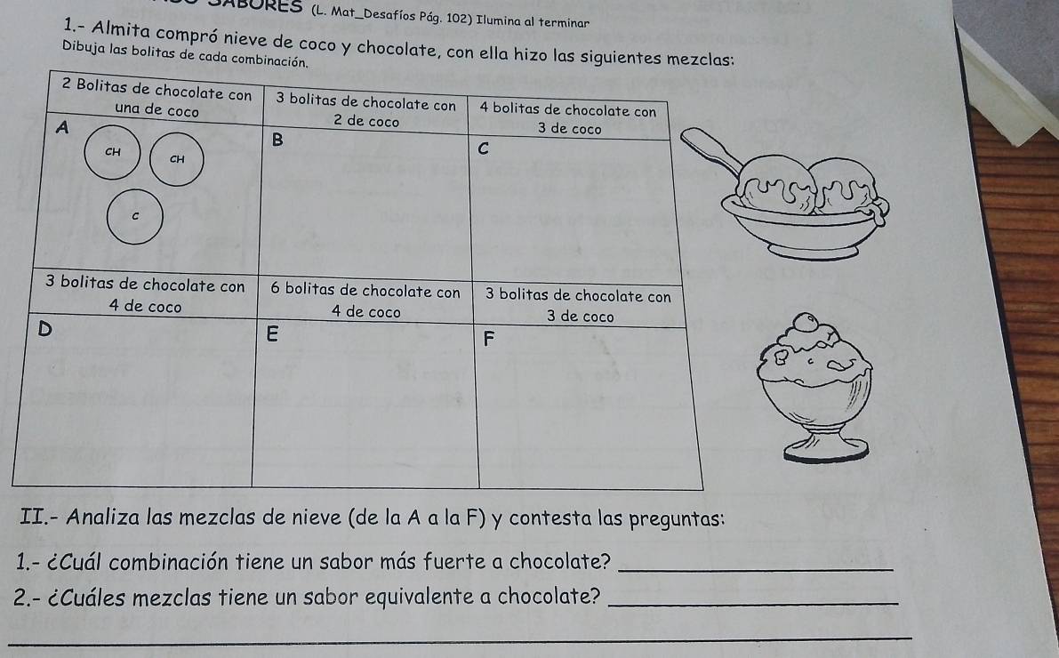 ABORES (L. Mat_Desafíos Pág. 102) Ilumina al terminar 
1.- Almita compró nieve de coco y chocolate, con e 
Dibuja las bolitas 
II.- Analiza las mezclas de nieve (de la A a la F) y contesta las preguntas: 
1.- ¿Cuál combinación tiene un sabor más fuerte a chocolate?_ 
2.- ¿Cuáles mezclas tiene un sabor equivalente a chocolate?_ 
_