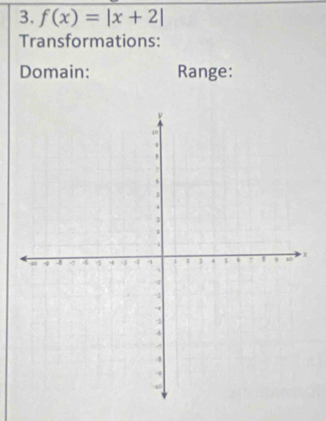 f(x)=|x+2|
Transformations: 
Domain: Range: