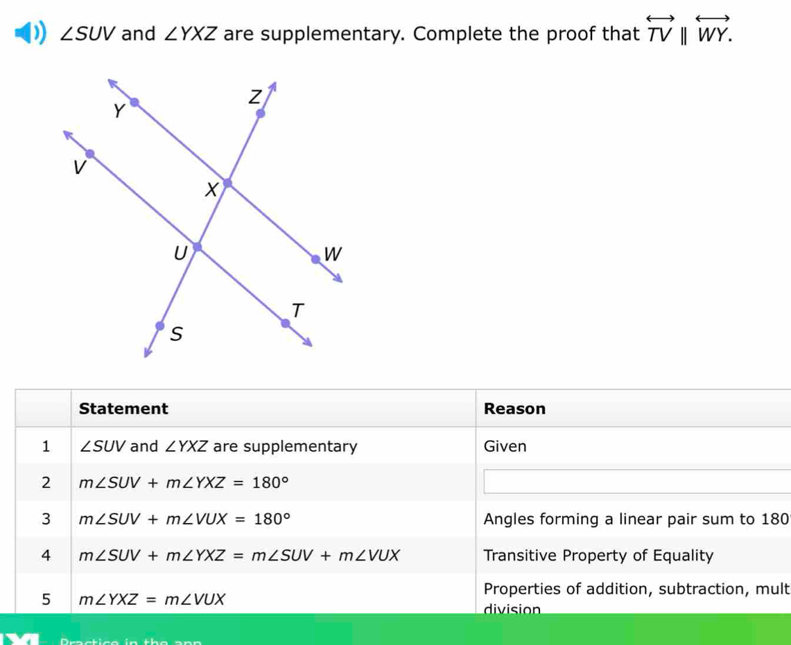 ∠ SUV and ∠ YXZ are supplementary. Complete the proof that overleftrightarrow TVparallel overleftrightarrow WY. 
Statement Reason 
1 ∠ SUV and ∠ YXZ are supplementary Given 
2 m∠ SUV+m∠ YXZ=180°
3 m∠ SUV+m∠ VUX=180° Angles forming a linear pair sum to 180
4 m∠ SUV+m∠ YXZ=m∠ SUV+m∠ VUX Transitive Property of Equality 
5 m∠ YXZ=m∠ VUX
Properties of addition, subtraction, mult 
division 
Dmetico in tho an n