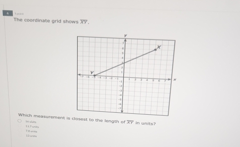 The coordinate grid shows overline XY. 
Which measurement is closest to the length of overline XY in units?
36 ubits
7 8 units 11.7 unils
13 unIts