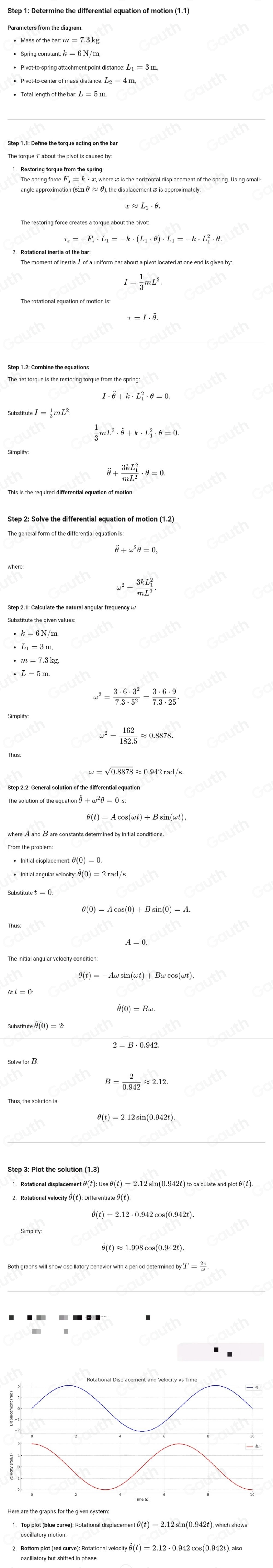 angle approximation (s111 θ ≈ θ), the displacement x is approximately.
I= 1/3 mL^2.
 1/3 mL^2· overline θ +k· L_1^(2· θ =0.
frac (3kL_1)^2)mL^2· θ =0.
omega^2=frac (3kL_1)^2mL^2. 
Substitute the given value.
k=6N/m
L_1=3m
m=7.3kg
omega^2= 3· 6· 3^2/7.3· 5^2 = 3· 6· 9/7.3· 25 
omega^2= 162/182.5 approx 0.8878. 
The solution of the equation θ +ω² θ == (i
(0)=2rad/s
B= 2/0.942 approx 2.12
1. Top plot (blue curve): Rotational displacement &(t) = 2.12 sin (0.942t), which shows 
2. Bottom plot (red ourve): Rotational velocity θ(t) = 2.12 · 0.942 cos(0.942t), also 
oscillatory but shifted in phase.