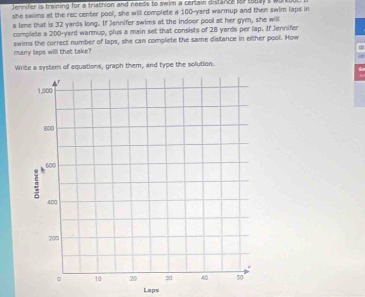 Jennifer is training for a triathlon and needs to swim a certain distance for todays work 
she swims at the rec center pool, she will complete a 100-yard warmup and then swim laps in 
a lane that is 32 yards long. If Jennifer swims at the indoor pool at her gym, she will 
complete a 200-yard warmup, plus a main set that consists of 28 yards per lap. If Jennifer 
swims the correct number of laps, she can complete the same distance in either pool. How 
∞ 
many laps will that take? 
Write a syster of equations, graph them, and type the solution. 
S 
Laps