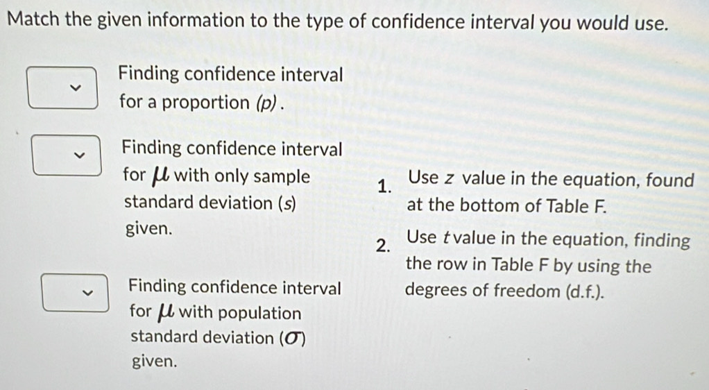 Match the given information to the type of confidence interval you would use. 
Finding confidence interval 
for a proportion (p) . 
Finding confidence interval 
for μ with only sample 1. Use z value in the equation, found 
standard deviation (s) at the bottom of Table F. 
given. [Use t value in the equation, finding 
2. 
the row in Table F by using the 
Finding confidence interval degrees of freedom (d. f.). 
for μ with population 
standard deviation (σ) 
given.