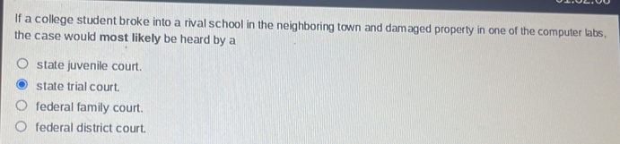 If a college student broke into a rival school in the neighboring town and damaged property in one of the computer labs,
the case would most likely be heard by a
state juvenile court.
state trial court.
federal family court.
federal district court.