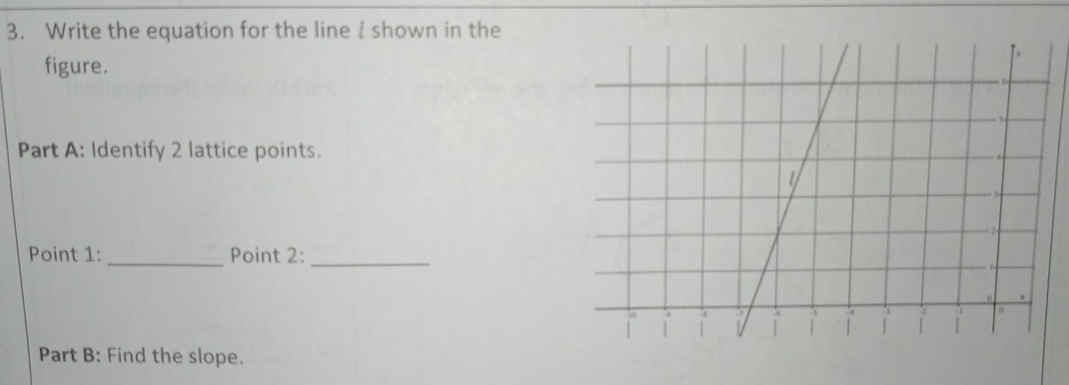 Write the equation for the line I shown in the 
figure. 
Part A: Identify 2 lattice points. 
Point 1:_ Point 2:_ 
Part B: Find the slope.