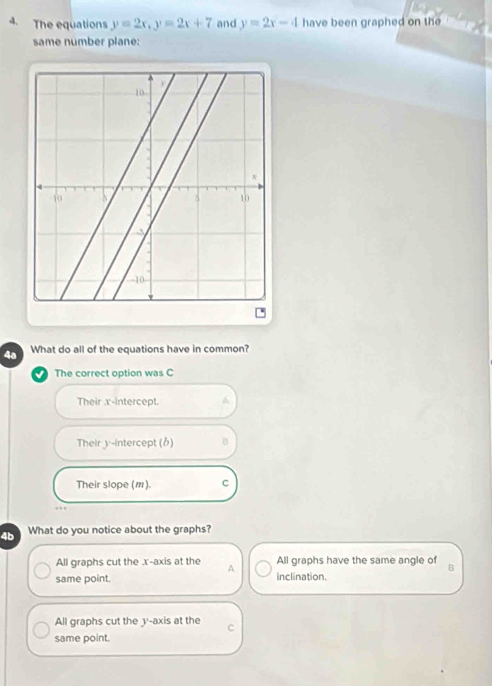 The equations y=2x, y=2x+7 and y=2x-4 have been graphed on the
same number plane:
4a What do all of the equations have in common?
The correct option was C
Their x-intercept. A
Their y-intercept (6) B
Their slope (m). C
4b What do you notice about the graphs?
All graphs cut the x-axis at the All graphs have the same angle of B
A
same point. inclination.
All graphs cut the y-axis at the C
same point.