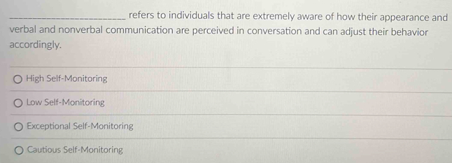 refers to individuals that are extremely aware of how their appearance and
verbal and nonverbal communication are perceived in conversation and can adjust their behavior
accordingly.
High Self-Monitoring
Low Self-Monitoring
Exceptional Self-Monitoring
Cautious Self-Monitoring