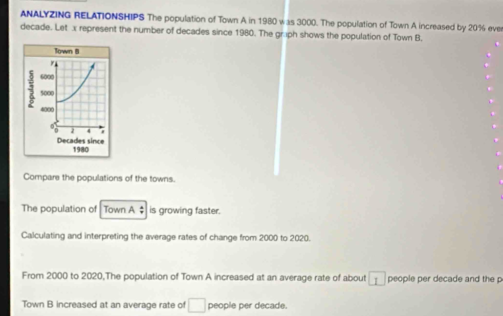 ANALYZING RELATIONSHIPS The population of Town A in 1980 was 3000. The population of Town A increased by 20% ever
decade. Let x represent the number of decades since 1980. The graph shows the population of Town B. 
Town B
3
Decades since 
1980 
Compare the populations of the towns. 
The population of Town A $ is growing faster. 
Calculating and interpreting the average rates of change from 2000 to 2020. 
From 2000 to 2020,The population of Town A increased at an average rate of about people per decade and the p 
Town B increased at an average rate of □ people per decade.