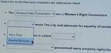 Select the terms that best completes the statements listed.
The Seneca Falls Convention was a Women's Right Convention.
□ downarrow wrote The Lily and advocate for equality of wome
Alice Paul te is called 111111
Amelia Bloomer
guaranteed many property rights for