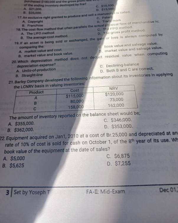 purchased $180,000 and the gross profit rate 
of the ending inventory destroyed by fire?
C $10,500
A. $21,000.
D. $15,500
B. $35,000.
17. An exclusive right granted to produce and sell a manuscript is called;
C. Pateni
A. Copyright
D. Trade mark
B. Franchise
18. The cost flow method that often parallels the actual physical flow of merchandise is,
C. The FIFO method.
A. The LIFO method.
B. The average-cost method. D. The gross profit method.
19.If an asset is being sold or exchanged, the gain or loss is always computed by
comparing the:
A. market value and cost. C. book value and salvage value.
B. market value and book value. D. market value and salvage value
20.Which depreciation method does not deduct residual value when computing
depreciation expense?
A. Units-of-production C. Declining-balance
B. Straight-line D. Both B and C are correct.
21. Barley Company developed the following information about its inventories in applying
es:
The amount of inventory reported on the balance sh
A. $355,000. C. $346,000.
B. $362,000. D. $353,000.
22.Equipment acquired on Jan1, 2010 at a cost of Br.25,000 and depreciated at an
rate of 10% of cost is sold for cash on October 1, of the 8^(th) year of its use. Wh
book value of the equipment at the date of sales?
A. $5,000 C. $6,875
B. $5,625 D. $7,255
3 Set by Yoseph T FA-II: Mid-Exam Dec 01,