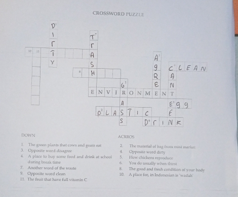 CROSSWORD PUZZL
DOWN ACRROS
1. The green plants that cows and goats eat 2. The material of bag from mini market
3. Opposite word disagree 4. Opposite word dirty
4. A place to buy some food and drink at school 5. How chickens reproduce
during break time 6. You do usually when thirst
7. Another word of the waste 8. The good and fresh condition of your body
9. Opposite word clean 10. A place for, in Indonesian is 'wadah'
11. The fruit that have full vitamin C