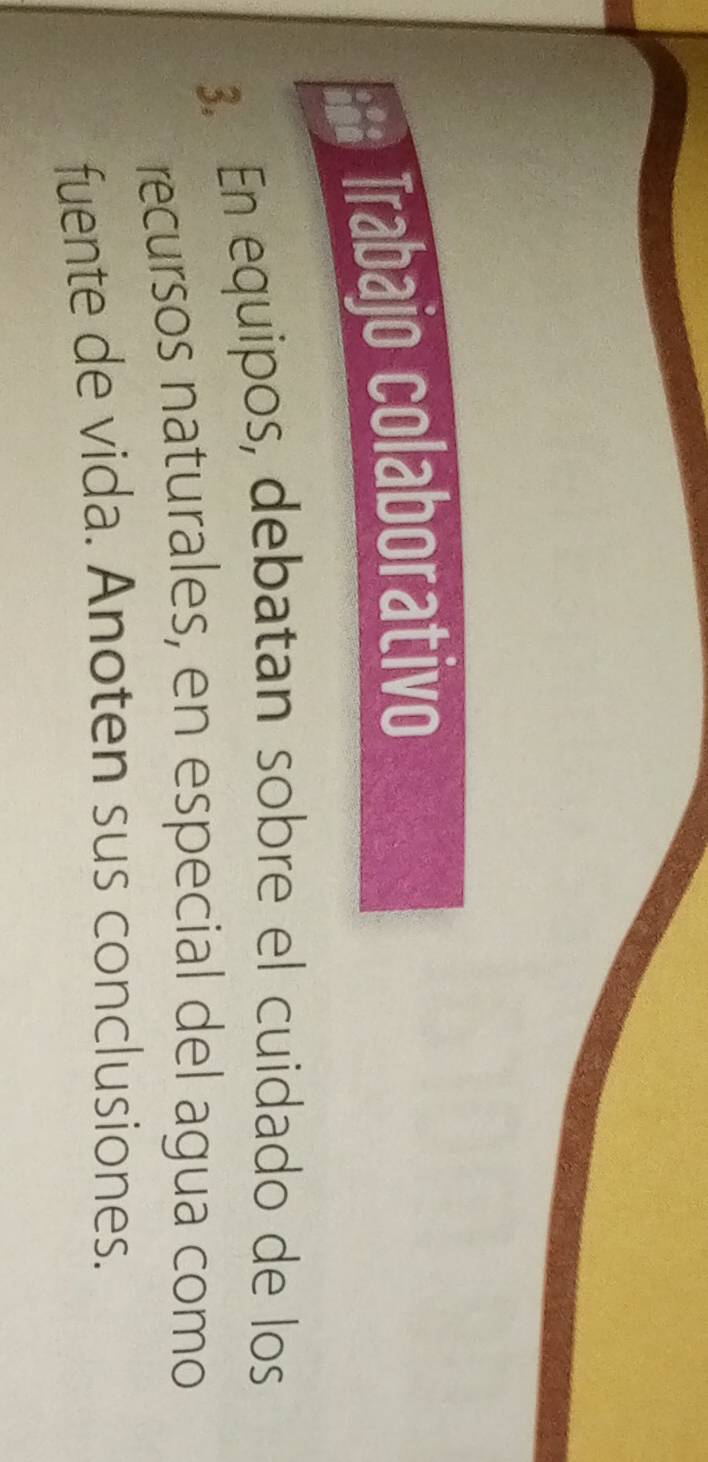Trabajo colaborativo 
3. En equipos, debatan sobre el cuidado de los 
recursos naturales, en especial del agua como 
fuente de vida. Anoten sus conclusiones.