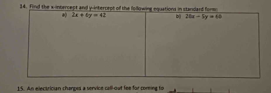 Find the x-intercept and y-inte
15. An electrician charges a service call-out fee for coming to