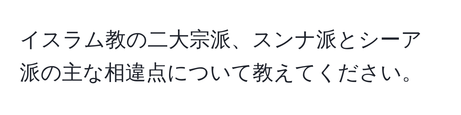 イスラム教の二大宗派、スンナ派とシーア派の主な相違点について教えてください。