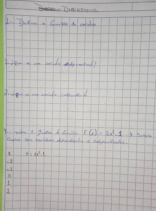 CDIAG NOSTIcO.
1. Define a Gacpto do variable
gevees ane veribble ddlep encdook?
9. ave es and vbrioblc indhpcattion
A.. Table y grofica 0 funcion F(x)=2x^2-1 y Scnala
codles son variables dependienles e inlependienkes.
X y=2x^2-1
-2
-1
O
1
a