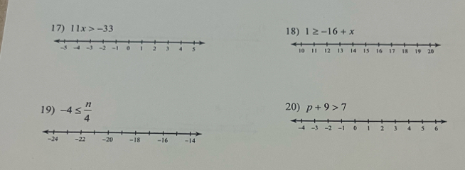 11x>-33 18) 1≥ -16+x

20) p+9>7
19) -4≤  n/4 