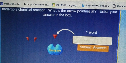 https://www.bing.co... overline DE IXL [ Math, Languag... https://www.bing.co... Bioman 
undergo a chemical reaction. What is the arrow pointing at? Enter your 
answer in the box. 
1 word 
Submit Answer! 
be