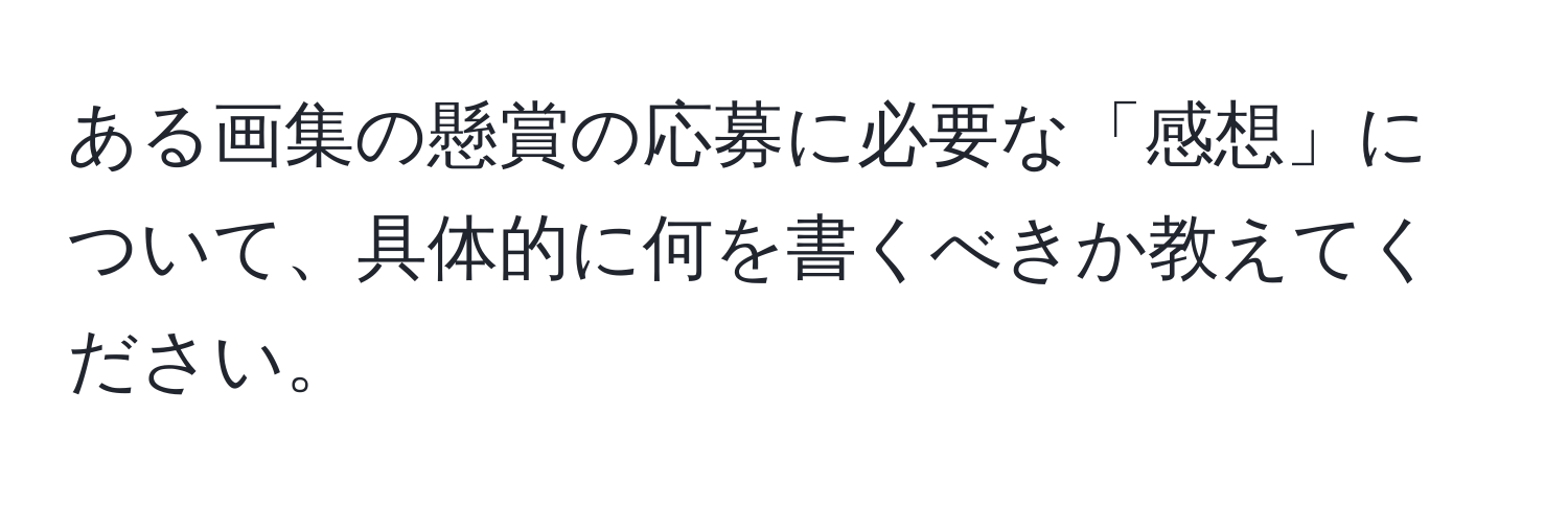 ある画集の懸賞の応募に必要な「感想」について、具体的に何を書くべきか教えてください。