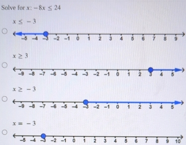 Solve for x : -8x≤ 24
x≤ -3
x≥ 3
x≥ -3
x=-3