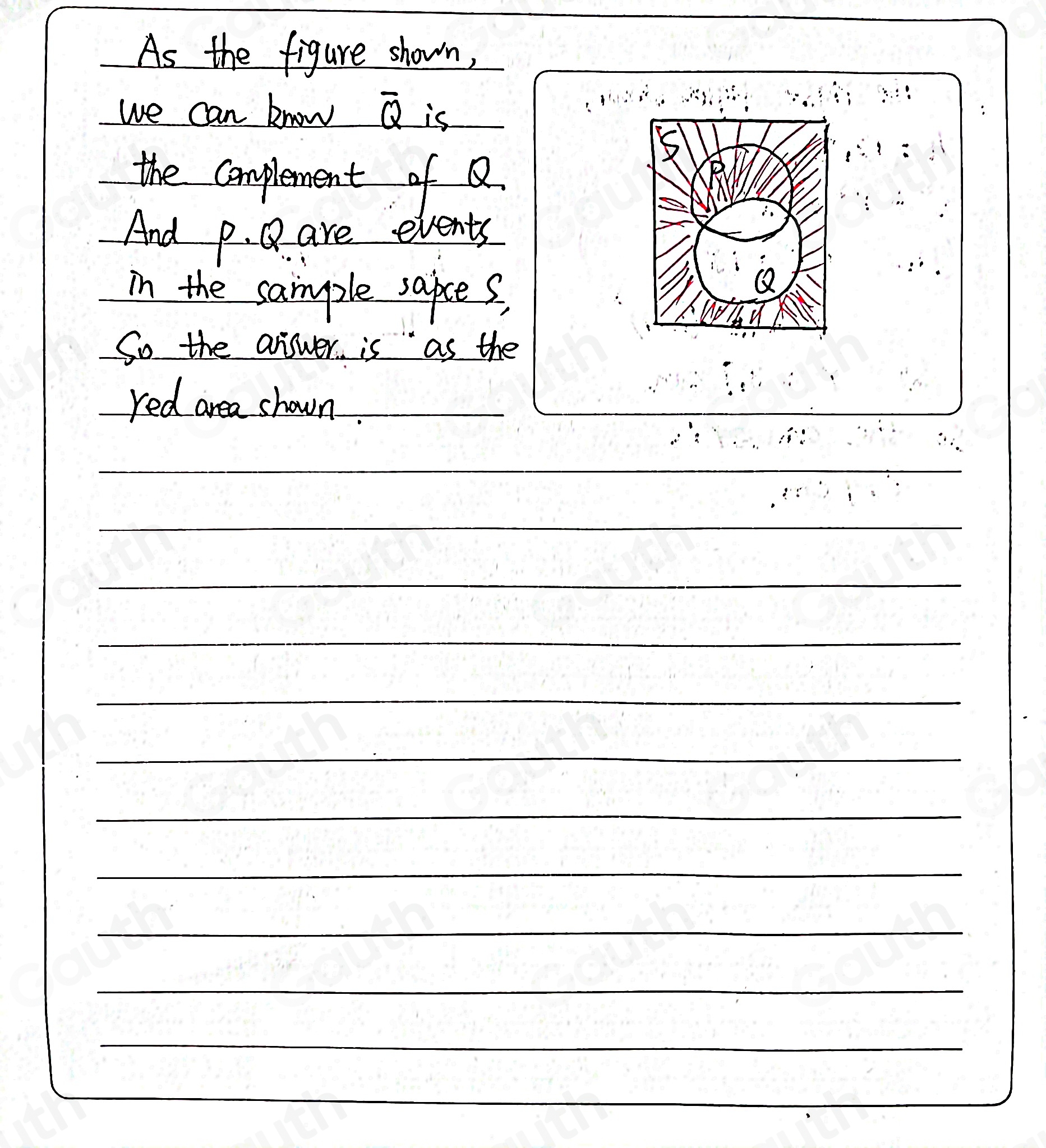 As the figure shown, 
we can know overline Q is 
the complement of Q
And p. Q. are events 
in the sample sapces, 
So the answer is as the 
red area shown._
