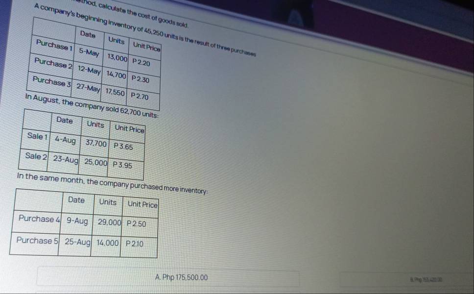 thod, calculate thes sold
A company'ts is the result of three purchases
he compa inventory:
A. Php 175,500.00 B Php 153,420.00