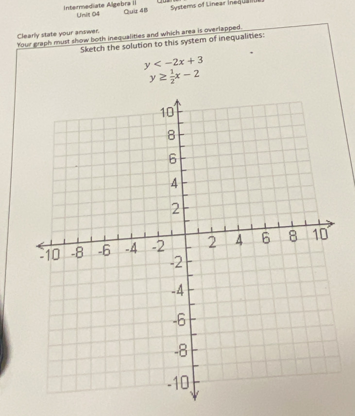 Intermediate Algebra II Systems of Linear Inequalt
Unit 04 Quiz 4B
Clearly state your answer.
Your graph must show both inequalities and which area is overlapped.
Sketch the solution to this system of inequalities:
y
y≥  1/2 x-2