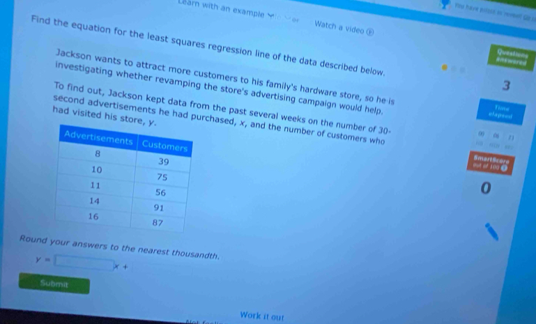 You have priose is reveet Gp.s 
Lear with a n examp le e Watch a video _ 
Find the equation for the least squares regression line of the data described below. 
Questions 
answared 
. 
Jackson wants to attract more customers to his family's hardware store, so he is Time 
3 
investigating whether revamping the store's advertising campaign would help. elapsed 
To find out, Jackson kept data from the past several weeks on the number of 30 i . o “ 
had visited his st 
second advertisements he had purchased, x, and the number of customers who SmartScor 
00 06 
out of 109
0 
Round your answers to the nearest thousandth.
y=□ x+
Submit 
Work it out