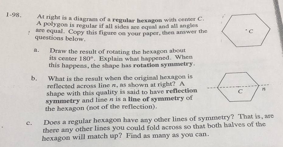 Solved: 1-98. At right is a diagram of a regular hexagon with center C ...