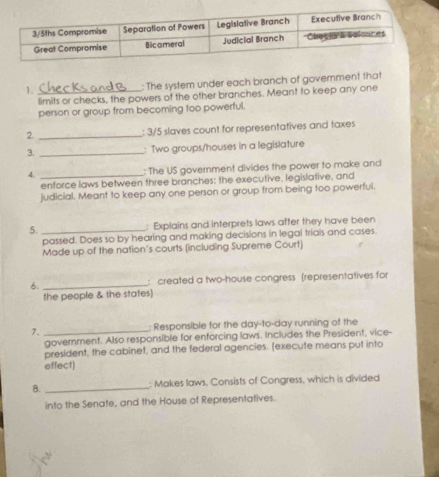 1._ 
: The system under each branch of government that 
limits or checks, the powers of the other branches. Meant to keep any one 
person or group from becoming too powerful. 
2._ 
: 3/5 slaves count for representatives and taxes 
3. _: Two groups/houses in a legislature 
4. _: The US government divides the power to make and 
enforce laws between three branches: the executive, legislative, and 
judicial. Meant to keep any one person or group from being too powerful. 
5. _: Explains and interprets laws after they have been 
passed. Does so by hearing and making decisions in legal trials and cases. 
Made up of the nation's courts (including Supreme Court) 
6. _: created a two-house congress (representatives for 
the people & the states] 
7._ 
: Responsible for the day-to-day running of the 
goverment. Also responsible for enforcing laws. Includes the President, vice- 
president, the cabinet, and the federal agencies. (execute means put into 
effect) 
8. _: Makes laws. Consists of Congress, which is divided 
into the Senate, and the House of Representatives.