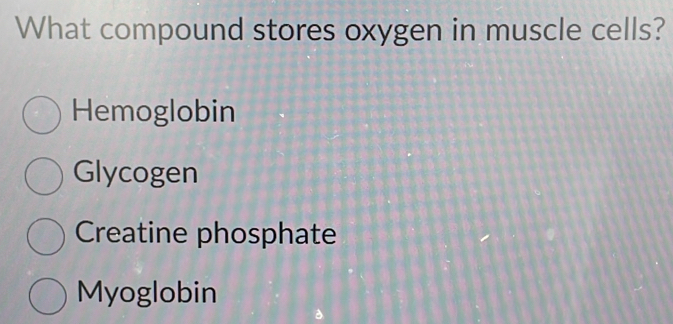 What compound stores oxygen in muscle cells?
Hemoglobin
Glycogen
Creatine phosphate
Myoglobin