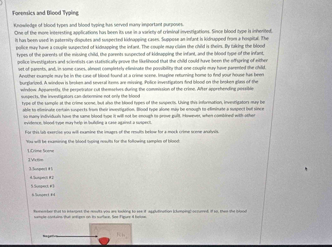 Forensics and Blood Typing 
Knowledge of blood types and blood typing has served many important purposes. 
One of the more interesting applications has been its use in a variety of criminal investigations. Since blood type is inherited, 
it has been used in paternity disputes and suspected kidnapping cases. Suppose an infant is kidnapped from a hospital. The 
police may have a couple suspected of kidnapping the infant. The couple may claim the child is theirs. By taking the blood 
types of the parents of the missing child, the parents suspected of kidnapping the infant, and the blood type of the infant. 
police investigators and scientists can statistically prove the likelihood that the child could have been the offspring of either 
set of parents, and, in some cases, almost completely eliminate the possibility that one couple may have parented the child. 
Another example may be in the case of blood found at a crime scene. Imagine returning home to find your house has been 
burglarized. A window is broken and several items are missing. Police investigators find blood on the broken glass of the 
window. Apparently, the perpetrator cut themselves during the commission of the crime. After apprehending possible 
suspects, the investigators can determine not only the blood 
type of the sample at the crime scene, but also the blood types of the suspects. Using this information, investigators may be 
able to eliminate certain suspects from their investigation. Blood type alone may be enough to eliminate a suspect but since 
so many individuals have the same blood type it will not be enough to prove guilt. However, when combined with other 
evidence, blood type may help in building a case against a suspect. 
For this lab exercise you will examine the images of the results below for a mock crime scene analysis. 
You will be examining the blood typing results for the following samples of blood: 
1.Crime Scene 
2.Victim 
3.Suspect #1 
4.Suspect #2 
5.Suspect # 3
6.Suspect # 4
Remember that to interpret the results you are looking to see if agglutination (clumping) occurred. If so, then the blood 
sample contains that antigen on its surface. See Figure 4 below. 
Negative
Rh