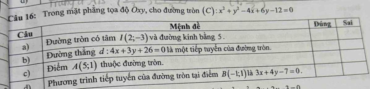 a
16: Trong mặt phẳng tọa độ Oxy, cho đường tròn (C): x^2+y^2-4x+6y-12=0
3-0