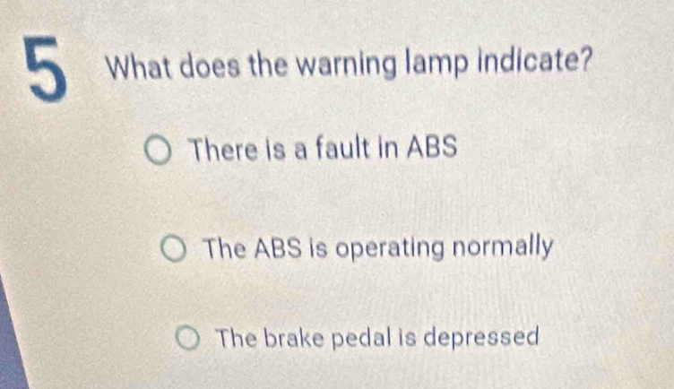 What does the warning lamp indicate?
There is a fault in ABS
The ABS is operating normally
The brake pedal is depressed