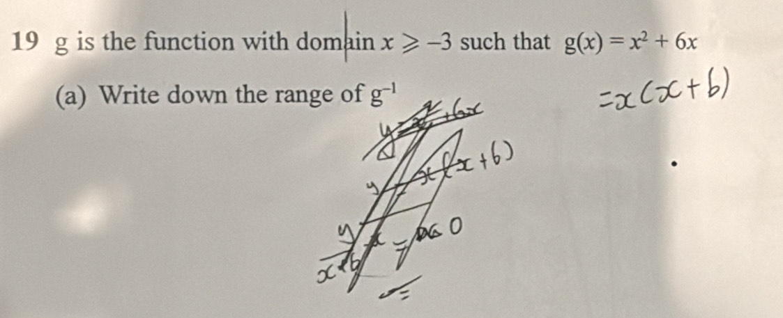 is the function with domain x≥slant -3 such that g(x)=x^2+6x
(a) Write down the range of g^(-1)