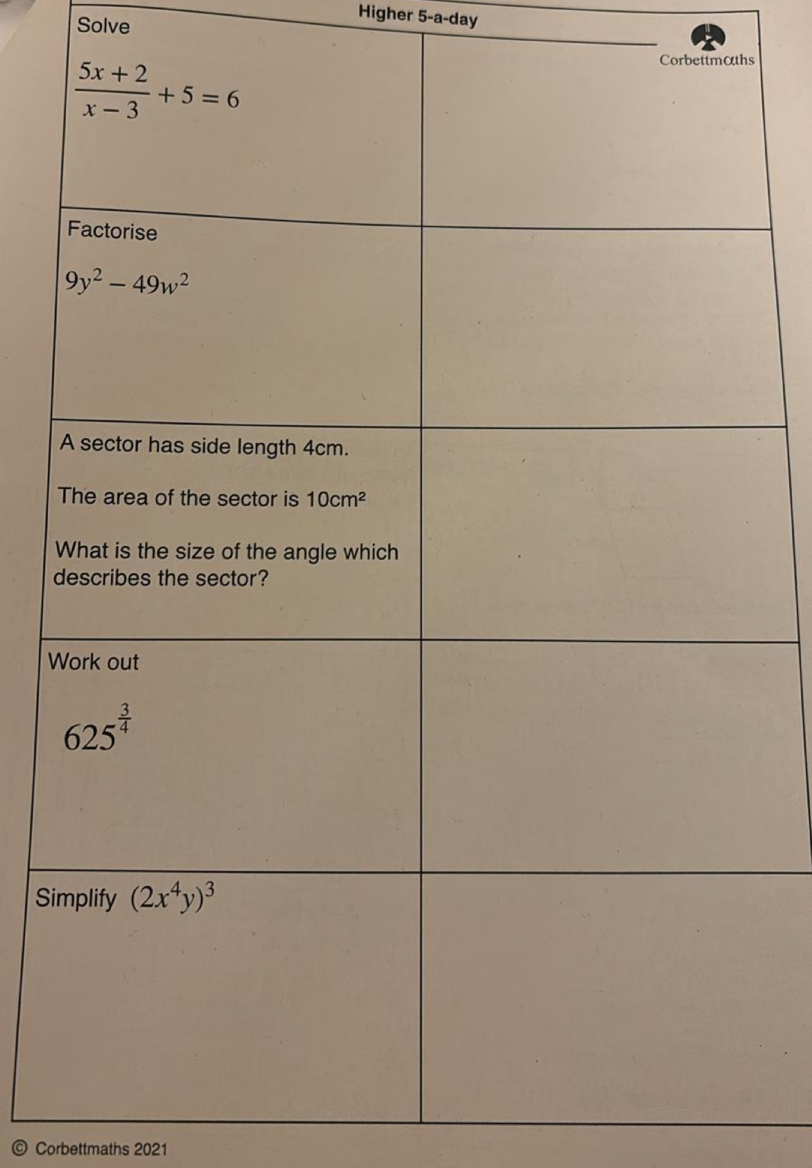 Higher 5-a-day
Solve
s
W
Si
© Corbettmaths 2021