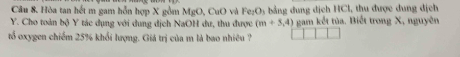 Hòa tan hết m gam hỗn hợp X gồm MgO, CuO và Fe₂O₃ bằng dung dịch HCl, thu được dung dịch
Y. Cho toàn bộ Y tác dụng với dung dịch NaOH dư, thu được (m+5,4) gam kết tùa. Biết trong X, nguyên 
tố oxygen chiếm 25% khối lượng. Giá trị của m là bao nhiêu ?