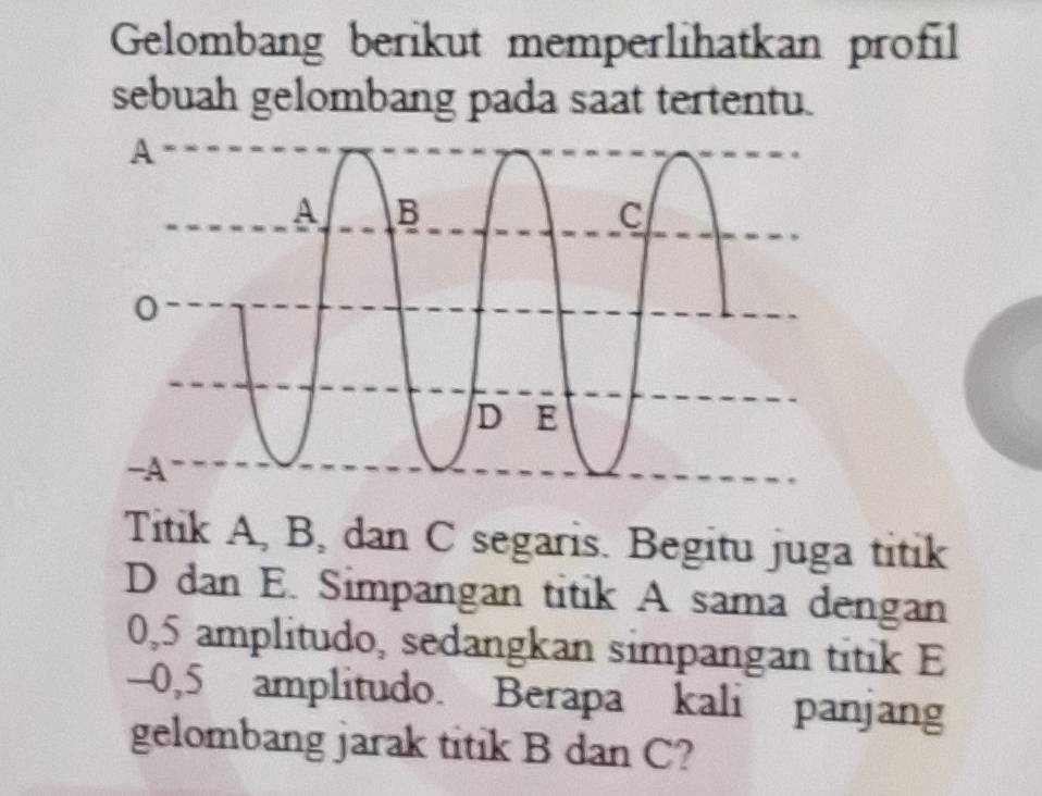 Gelombang berikut memperlihatkan profil 
sebuah gelombang pada saat tertentu. 
Titik A, B, dan C segaris. Begitu juga titik
D dan E. Simpangan titik A sama dengan
0,5 amplitudo, sedangkan simpangan titik E
-0,5 amplitudo. Berapa kali panjang 
gelombang jarak titik B dan C?