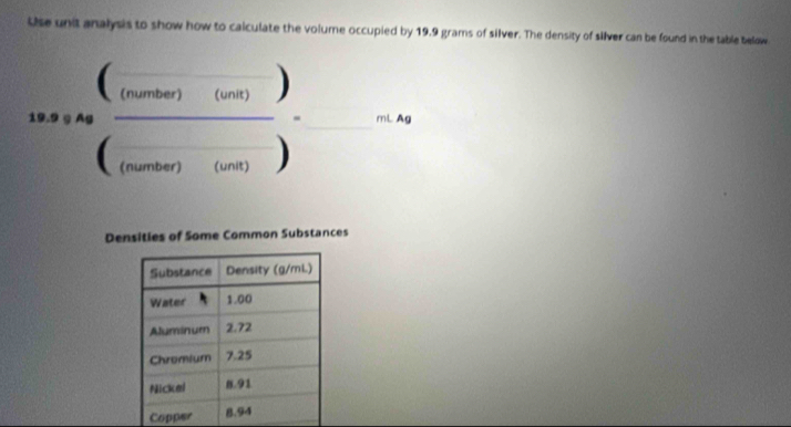 Use unit analysis to show how to calculate the volume occupied by 19.9 grams of silver. The density of silver can be found in the table below 
10.8/ beginarrayr ( (o.)s)=0))) (_ )((∈fty )) 
Densities of Some Common Substances 
Copper