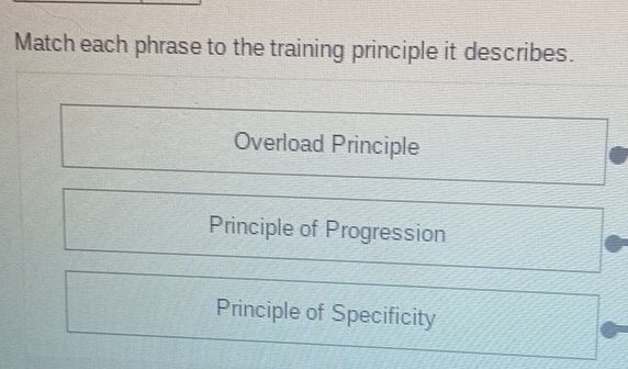 Match each phrase to the training principle it describes.
Overload Principle
Principle of Progression
Principle of Specificity