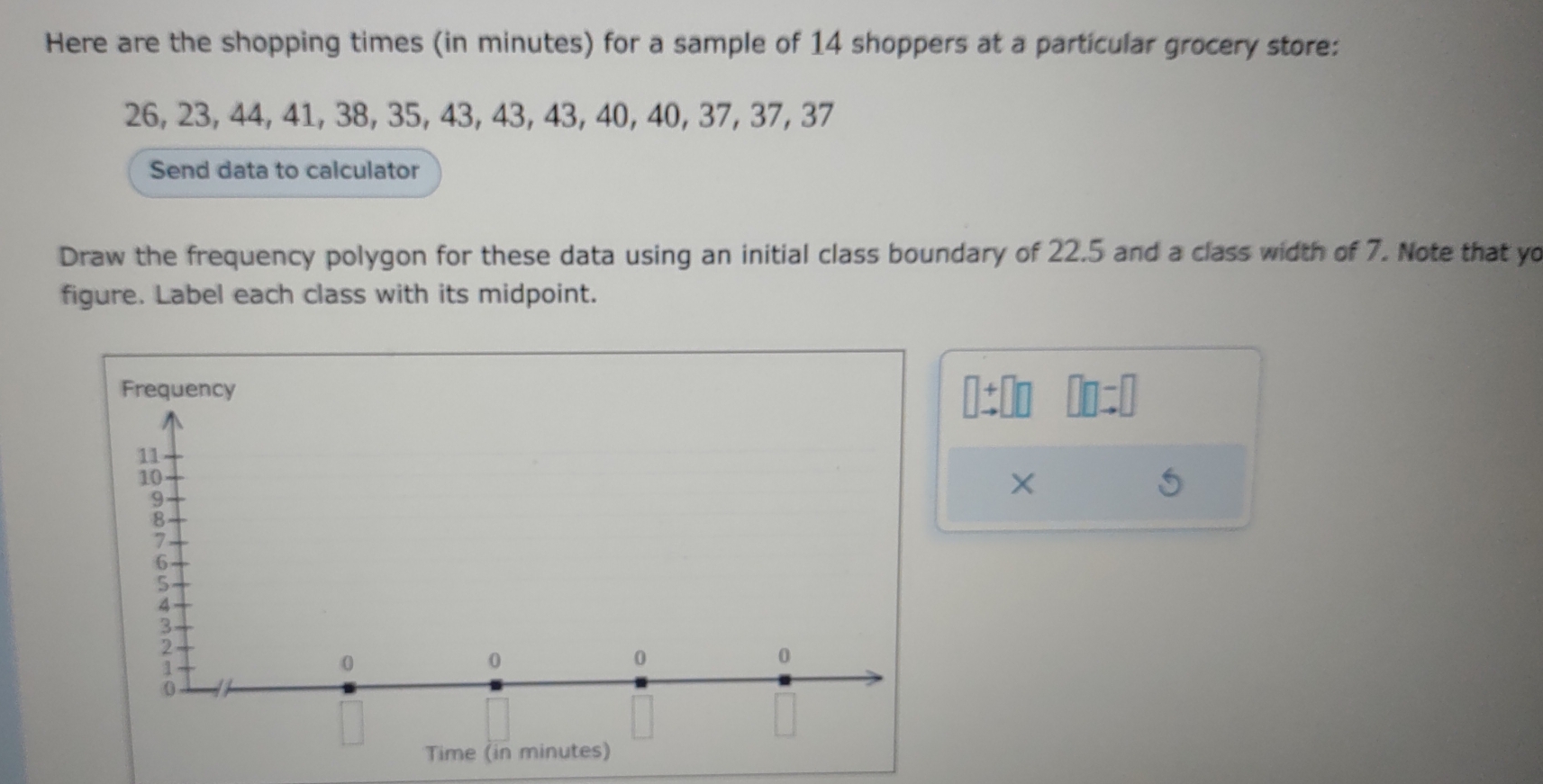 Here are the shopping times (in minutes) for a sample of 14 shoppers at a particular grocery store:
26, 23, 44, 41, 38, 35, 43, 43, 43, 40, 40, 37, 37, 37
Send data to calculator 
Draw the frequency polygon for these data using an initial class boundary of 22.5 and a class width of 7. Note that yo 
figure. Label each class with its midpoint. 
× 
Time (in minutes)