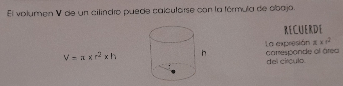 El volumen V de un cilindro puede calcularse con la fórmula de abajo. 
RECUERDE 
La expresión π * r^2
V=π * r^2* h
corresponde al área 
del círculo.