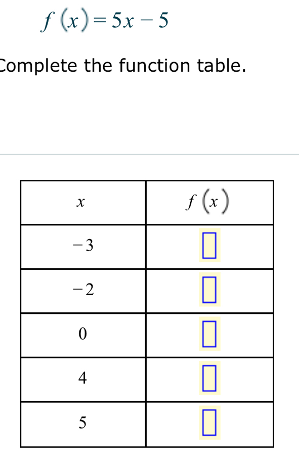 f(x)=5x-5
Complete the function table.