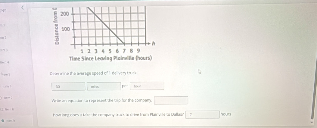 NS 
m 1 
m 2 
tem 3 
İtem 4 
ltem 5 Determine the average speed of 1 delivery truck. 
3tem 6 miles per hour
50 
ltem 7 
Write an equation to represent the trip for the company. 
Item 8 
How long does it take the company truck to drive from Plainville to Dallas? 2 hours
item 1